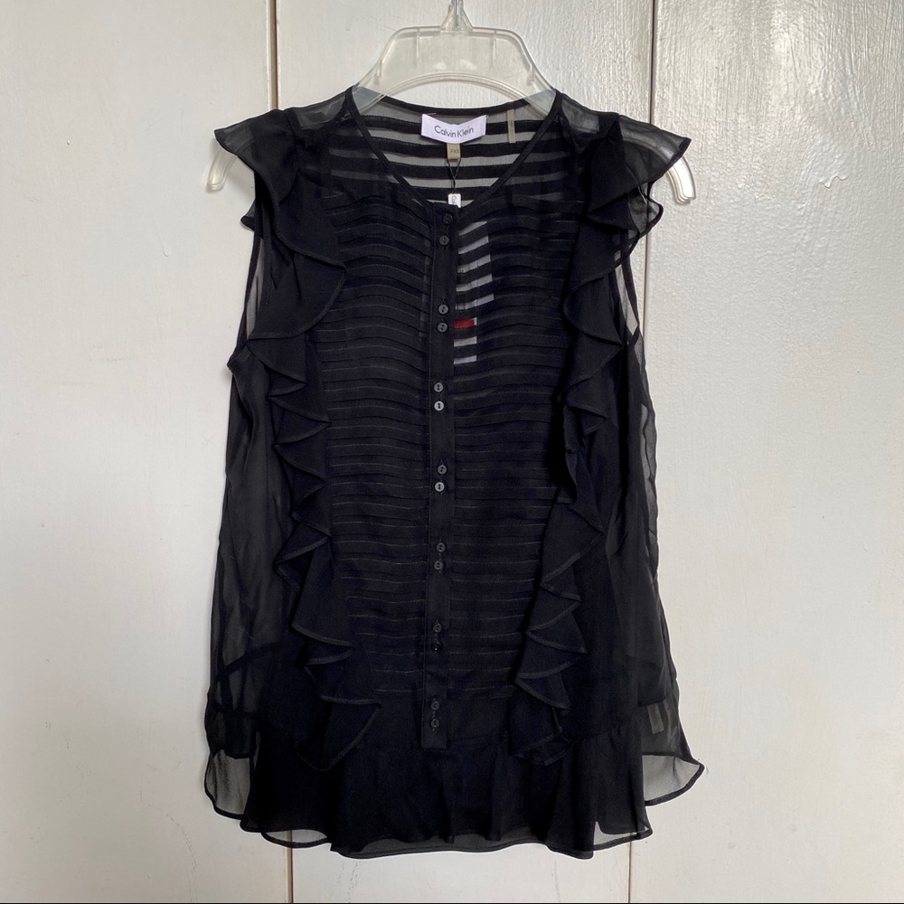 NWT Black Silk Calvin Klein Ruffle Blouse